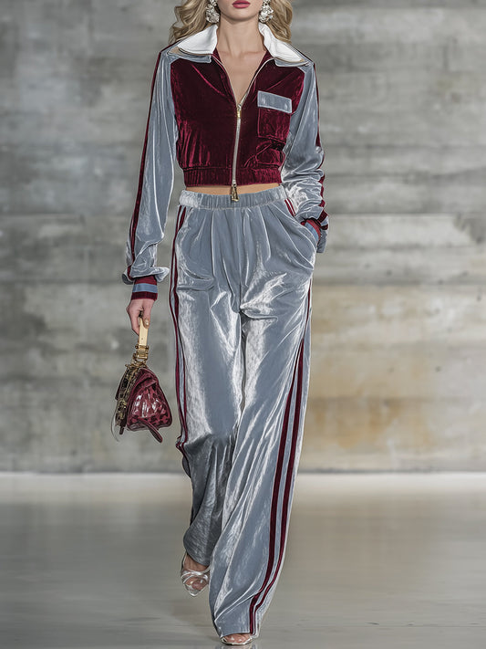 Veste Chic en Velours Bicolore avec Pantalon Ample - Élégance Haut de Gamme