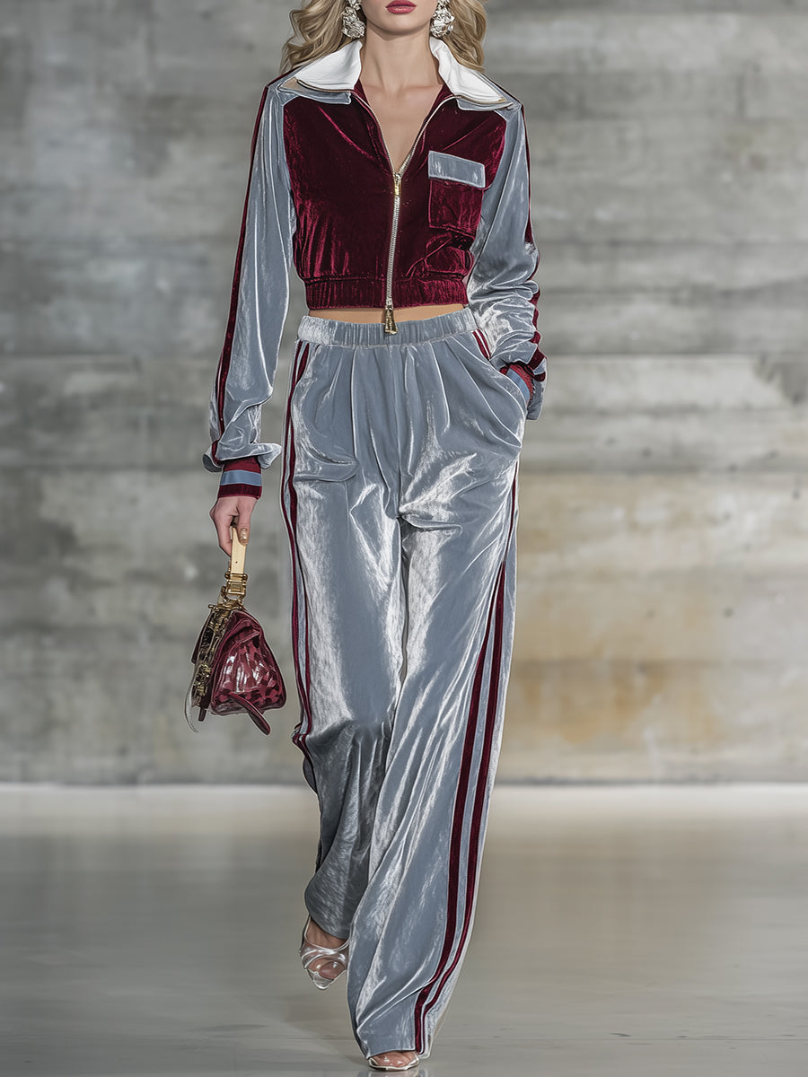Veste en Velours Chic à Contraste Élégant avec Pantalon à Jambes Larges