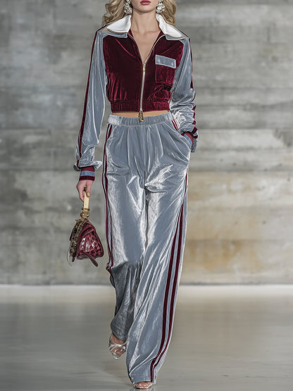 Veste en velours chic à contraste de couleurs avec pantalon à jambes larges tendance