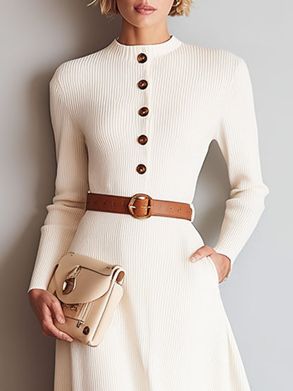 Robe Midi Beige Rétro à Boutons en Tricot - Style Ample et Élégant