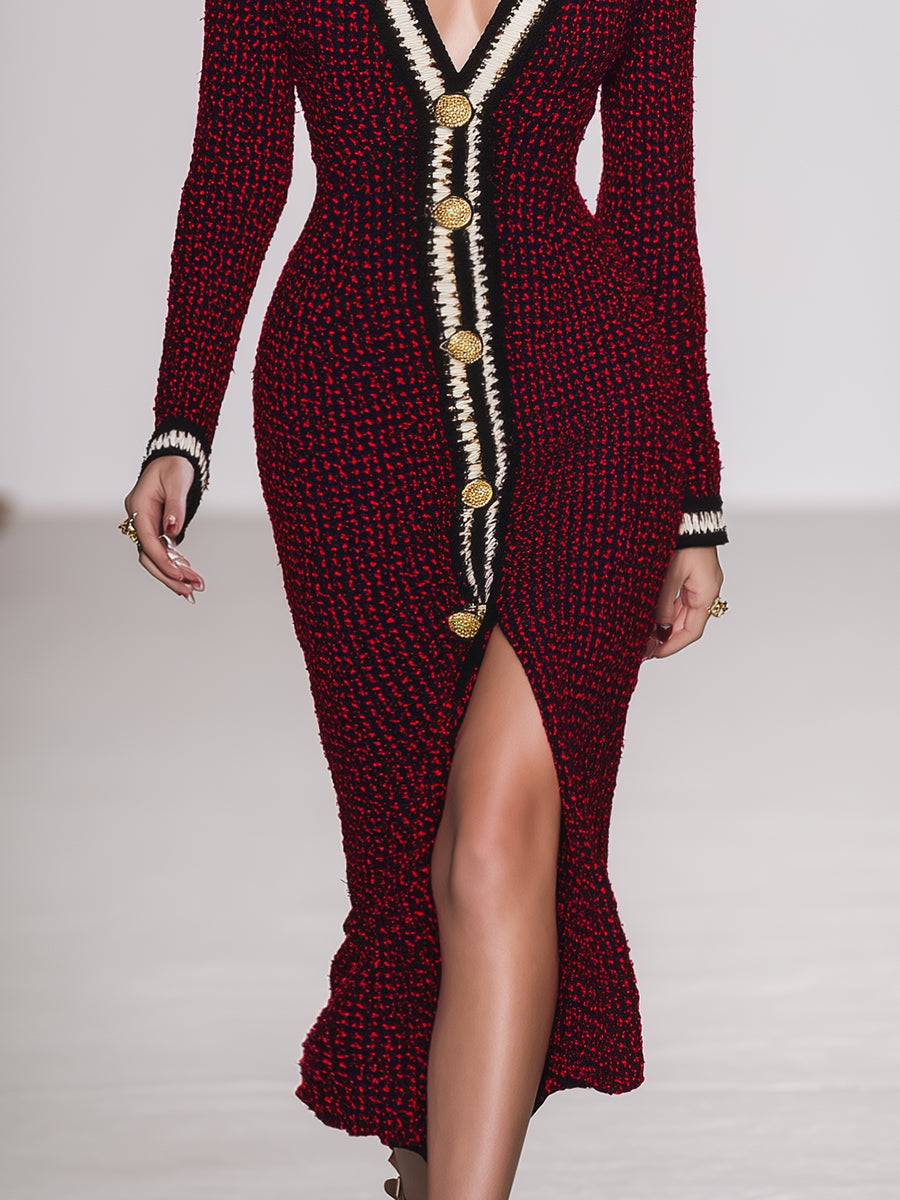 Robe Maxi Tricotée Rouge et Noire à Décolleté V et Détails Boutonnés - Style Rétro