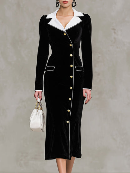 Maxi Robe en Velours Noir Élégante avec Détails en Col Blanc