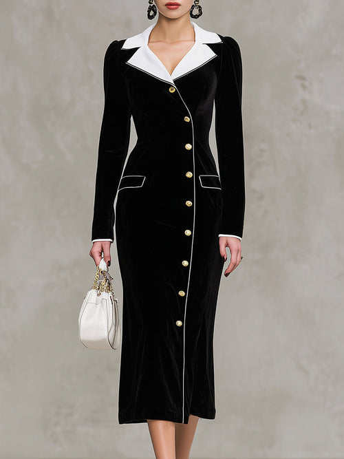 Maxi Robe en Velours Noir Élégante avec Détails en Col Blanc