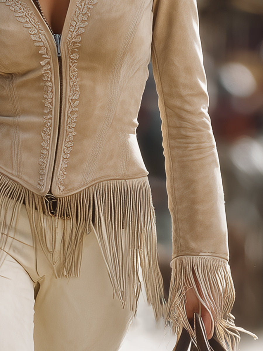 Veste Décontractée en Dentelle Kaki avec Franges Vintage