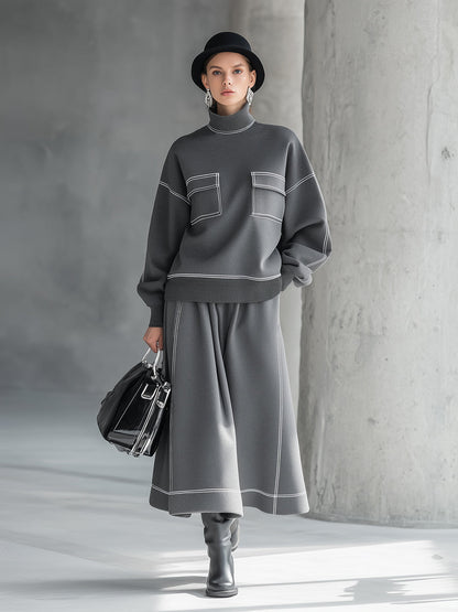 Premium Gray Turtleneck Sweatshirt with White Stitching - Sporty Chic Ensemble