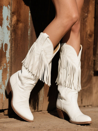 【Expédition rapide en 24 heures】Bottes de cowboy en cuir ornées de broderies et de franges pour femmes