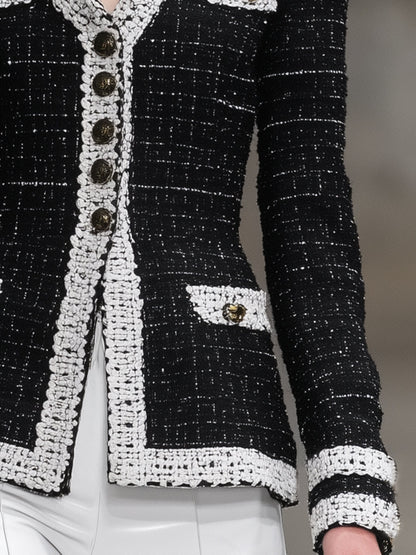 Veste Tendance en Tweed Noir avec Détails en Patchwork
