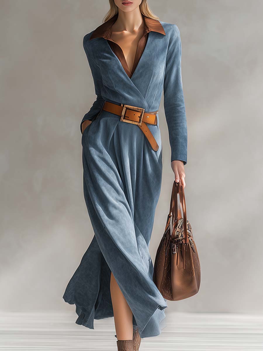 Maxi Robe en Velours Bleu avec Col Western Chic