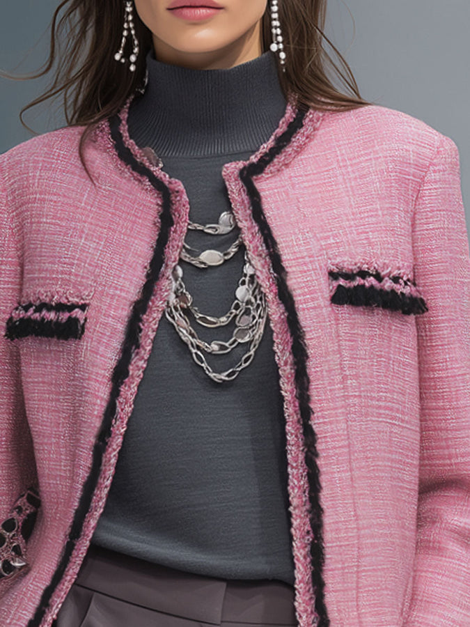 Veste Chic en Tissu Texturé avec Détails en Métal et Col Rond