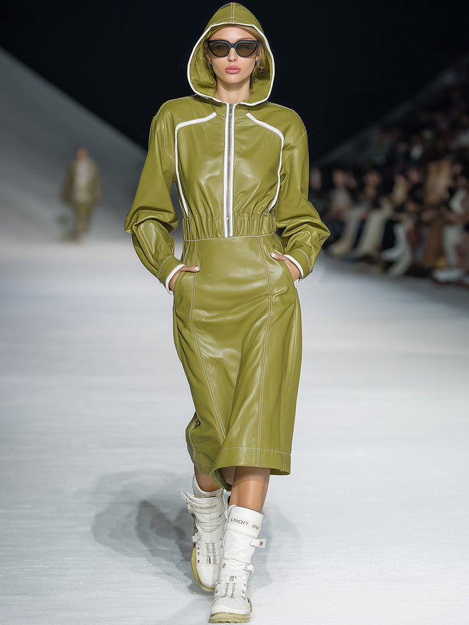 Robe Midi Sportive en Simili Cuir Vert avec Capuche - Élégance Décontractée