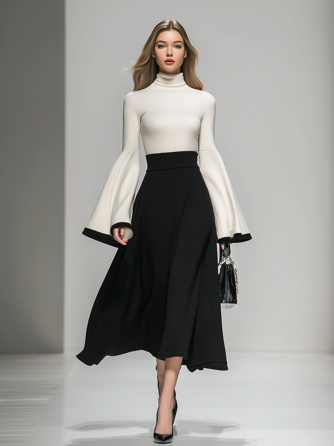 Maxi Robe Élégante à Col Montant avec Détails Contrastés