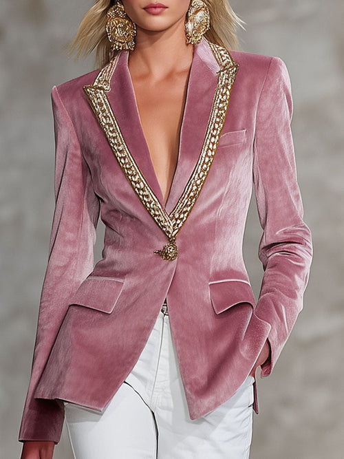 Veste en velours rose décontractée à bouton unique
