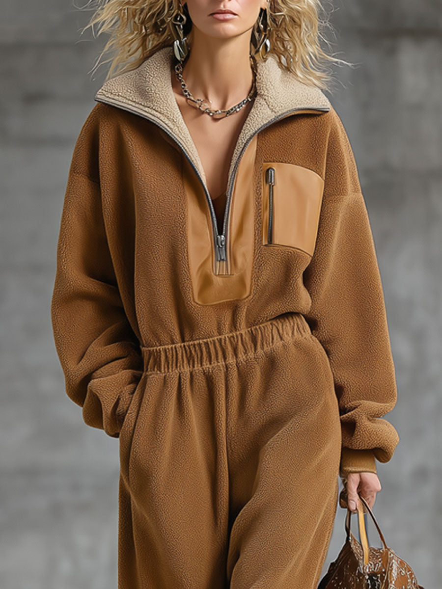 Combinaison Zippée en Polaire Rétro Camel - Style Décontracté et Confort Optimal