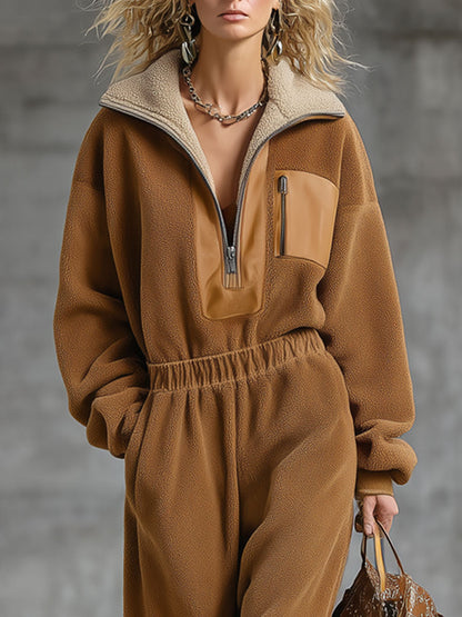 Combinaison Zippée en Polaire Rétro Camel - Style Décontracté et Confort Optimal