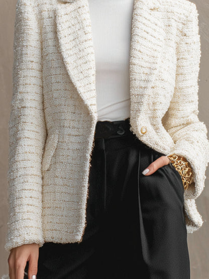 Tweed Blazer à Revers avec Bouton Unique et Poches Doubles