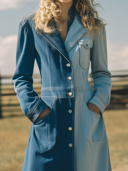 Trench Long en Denim Colorblock : Élégance Bleu Foncé et Bleu Clair