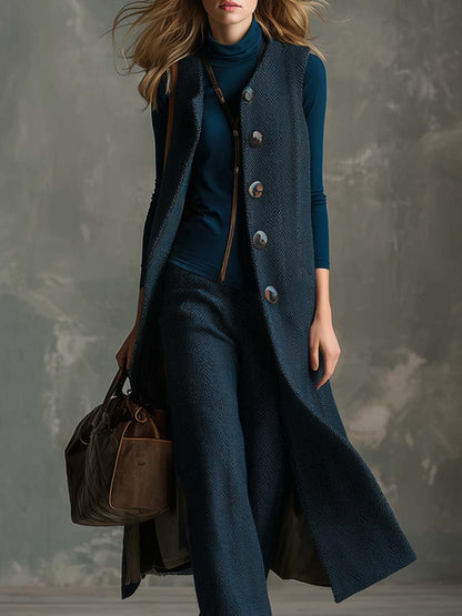 Élégant Gilet Long en Herringbone Bleu Texturé - Style Vintage