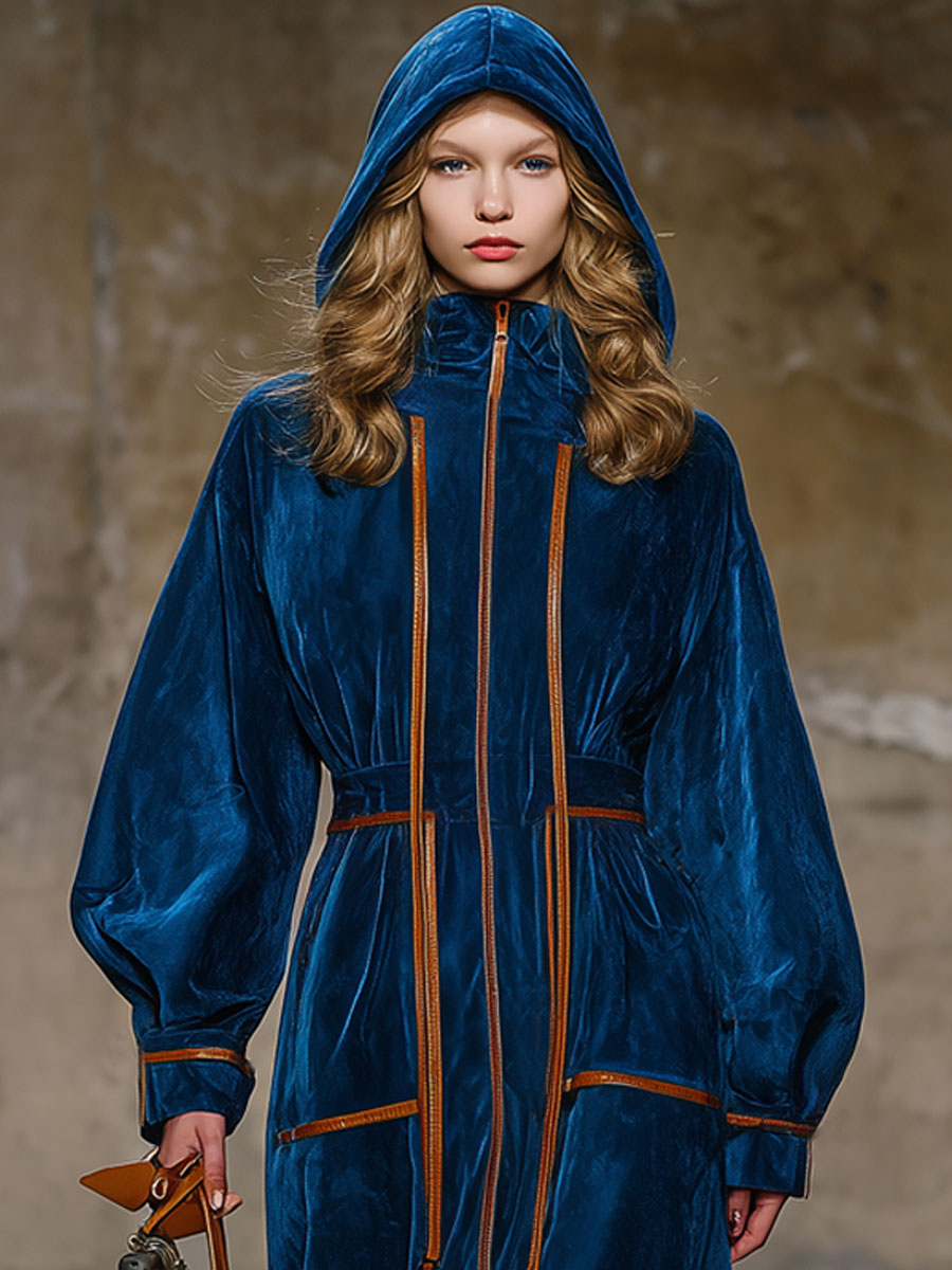 Robe Midi en Velours Bleu Nuit avec Cape Élégante et Finitions Marron