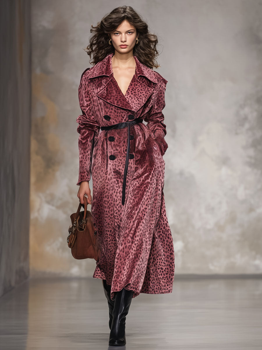 Long Velvet Leopard Print Coat with Double Breasted Design, Dual Pockets, and Relaxed Fit