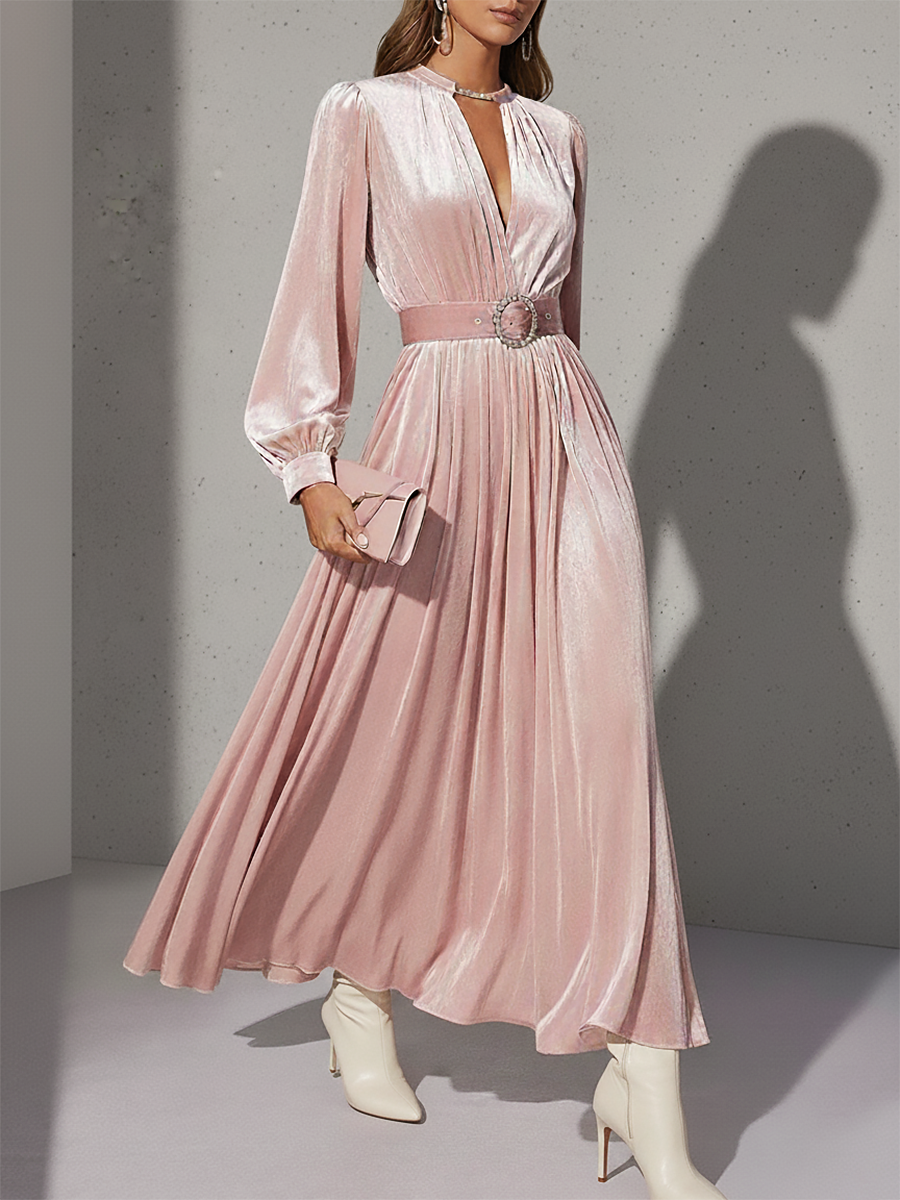 Robe Maxi en Velours Chic Rétro avec Col Ronde et Manches Longues