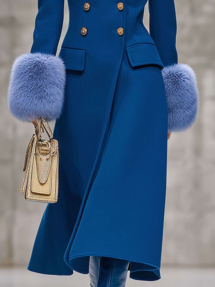 Élégant Manteau Bleu en Laine avec Manches en Velours Chic