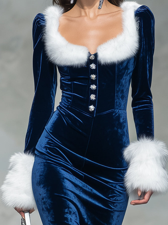 Robe Maxi Bleu Velours Élégante avec Encolure Carrée et Fausse Fourrure de Lapin
