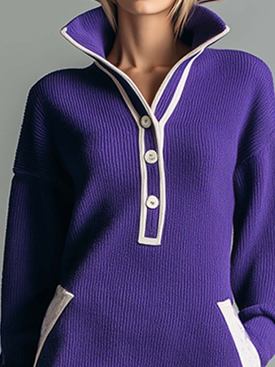 Élégante Robe Midi Tricotée Violet à Col Montant avec Détails Boutonnés