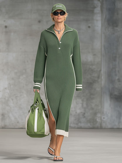 Robe Midi Tricotée Verte avec Fente et Détails Blancs : Élégance Décontractée