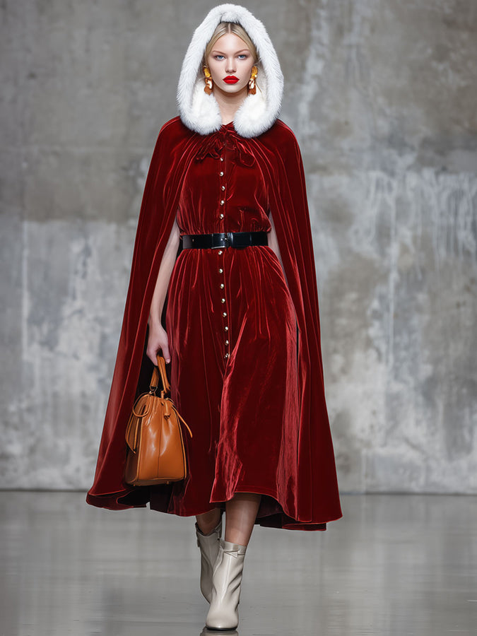 Robe Capée Vintage en Velours Rouge avec Col en Fourrure et Capuche