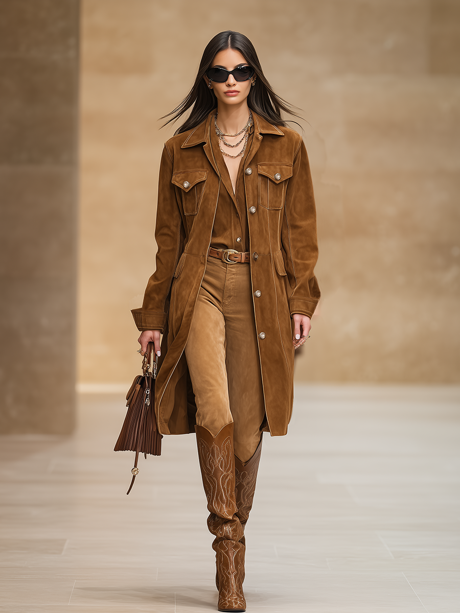 Veste Mi-Longue en Faux Suède avec Poches Multiples au Style Rétro