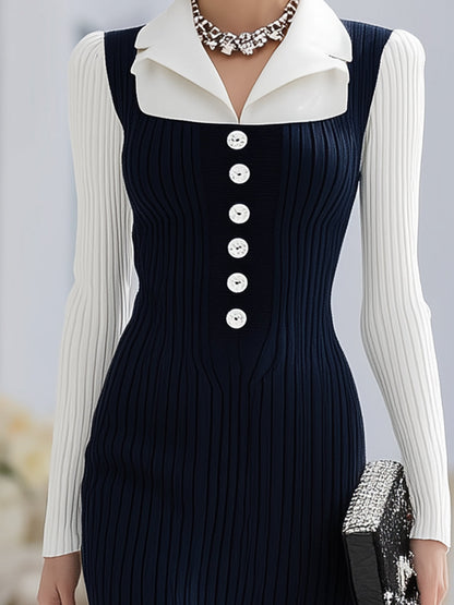 Robe Maxi Élégante à Fente et Boutons – Style Fausse Deux Pièces en Bleu et Blanc