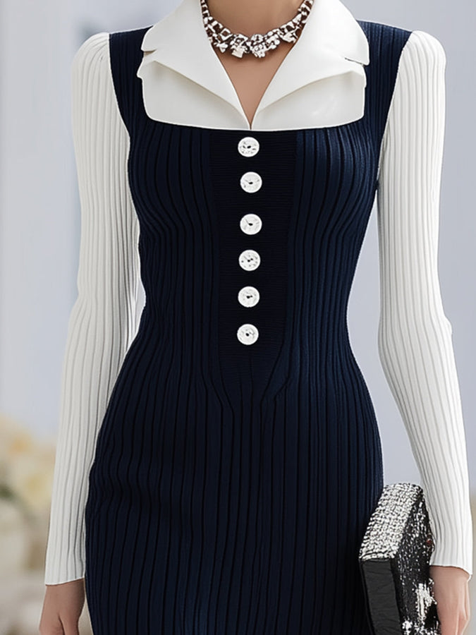 Robe Maxi à Boutons Fendue - Ensemble Élégant Bleu et Blanc