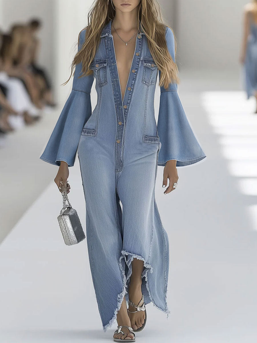Salopette Vintage en Denim Bleu Clair à Jambes Évasées et Manches Longues Effilées