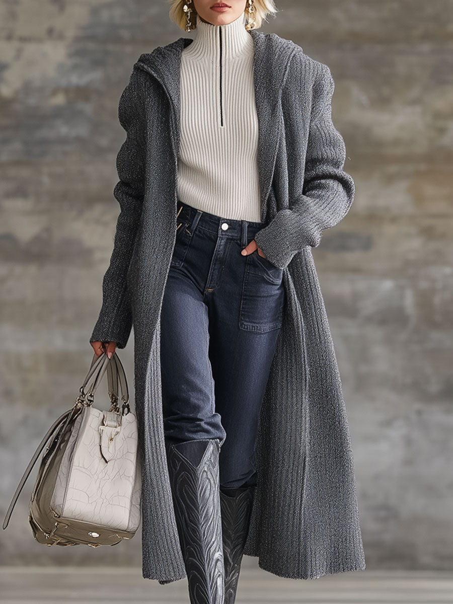 Cardigan à Capuche Tricoté Grisé - Style Décontracté Rétro