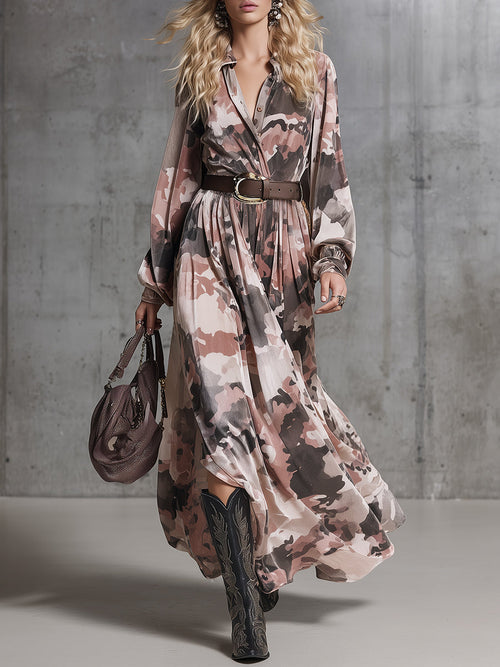 Robe Maxi en Velours Camouflage Rose - Élégance Western Rétro