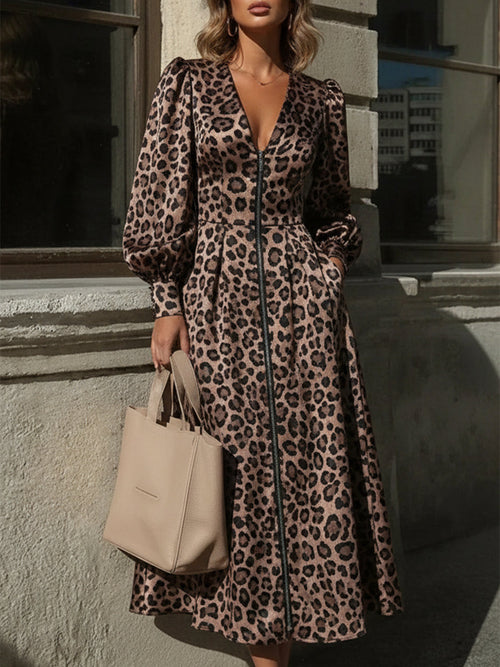 Robe Maxi Vintage à Col V avec Imprimé Léopard et Fermeture Éclair