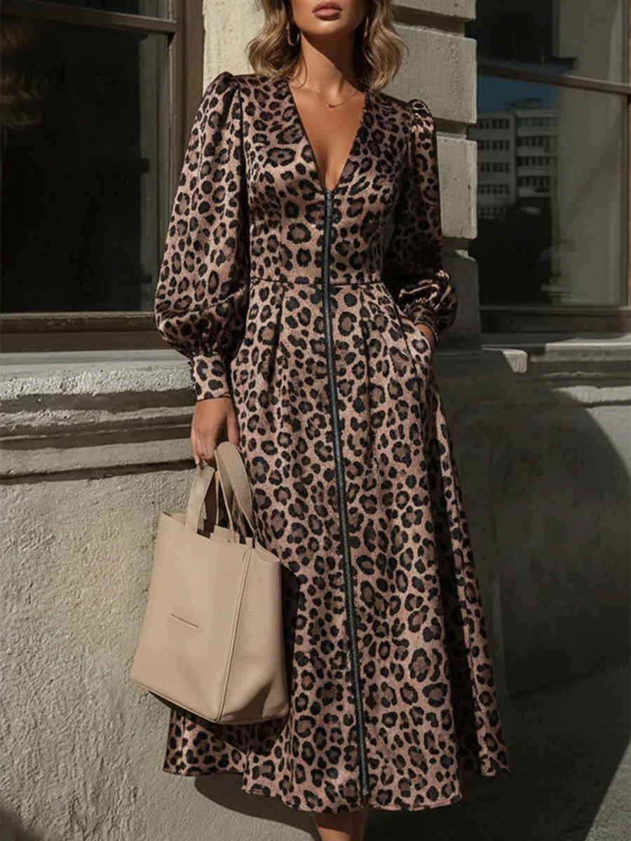 Robe Maxi Vintage à Imprimé Léopard avec Zip