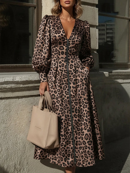 Robe Maxi Vintage à Imprimé Léopard avec Zip