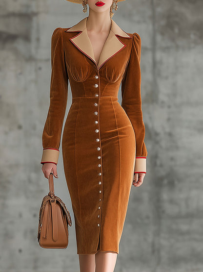 Robe Midi Vintage Élégante en Velours Caramel avec Détails en Similicuir