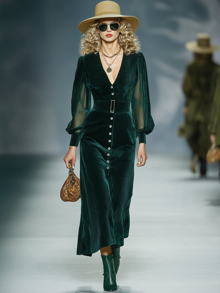 Robe Midi Vintage en Velours Côtelé Vert Foncé - Élégance Rétro