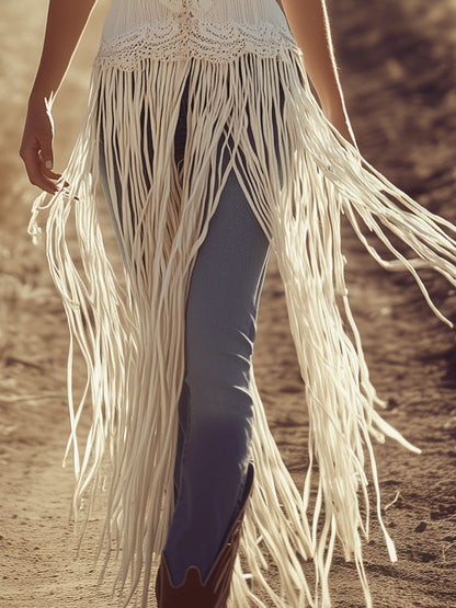 Expédition rapide en 24 heures : Haut mi-long à bretelles spaghetti en tissu texturé avec franges romantiques