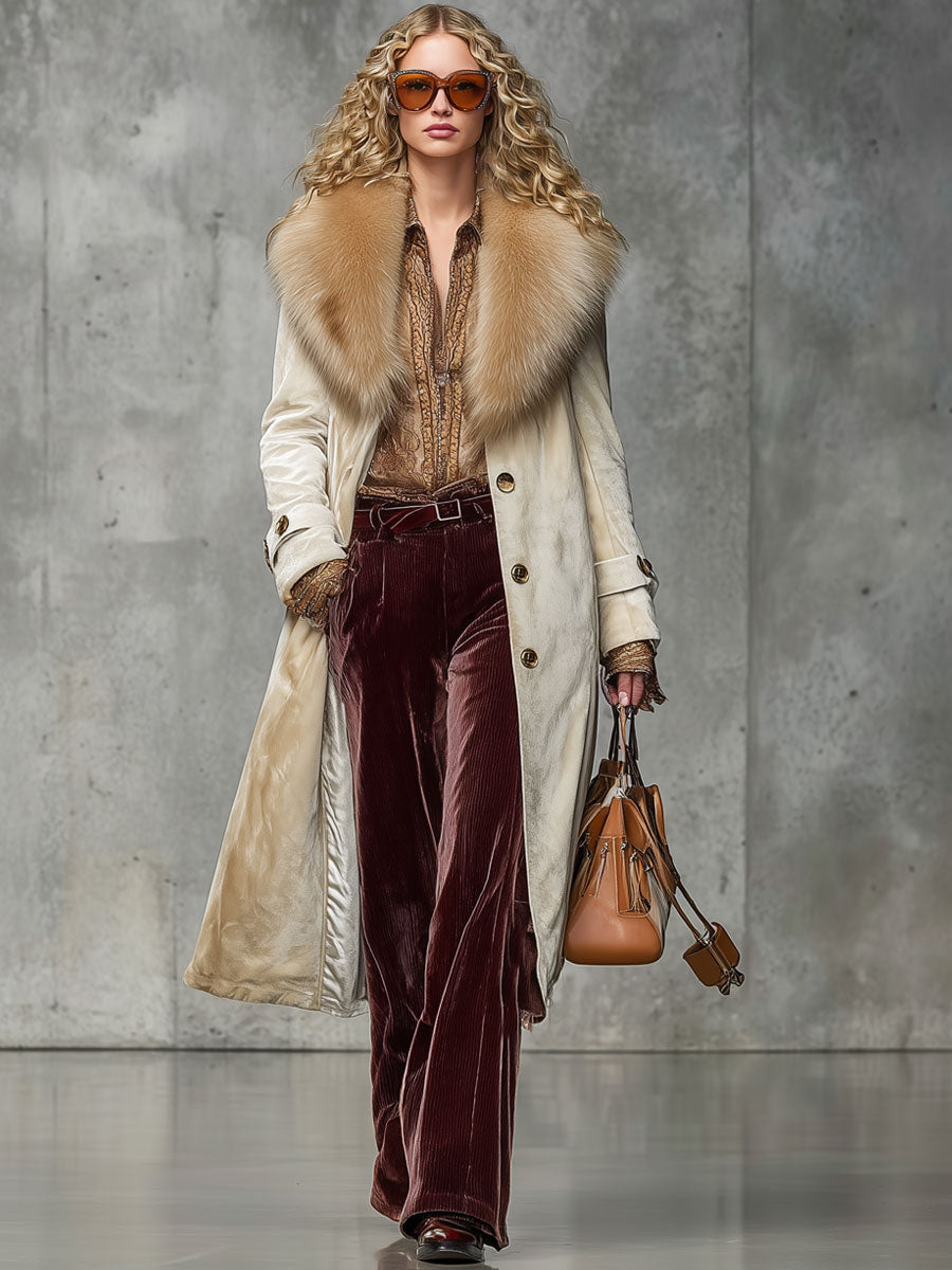 Long Velour Champagne Coat with Elegant Retro Fur Collar