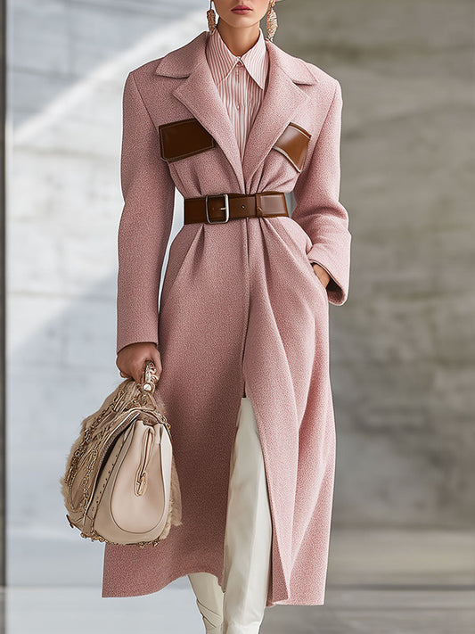 Veste en Laine Synthétique Rose avec Col en Similicuir