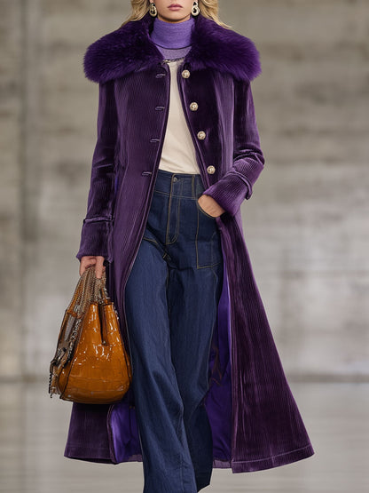 Veste Longue en Velours Côtelé Violet Rétro avec Col en Fourrure Synthétique