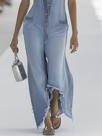 【Expédition en 24h】Combinaison sans manches en denim bleu clair au style western rétro, avec bords effilochés et jambes larges zippées