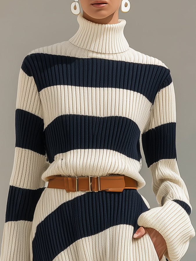Robe Maxi Tricotée Élégante à Manches Longues - Col Haut en Rayures Contrastées Bleu Marine et Blanc
