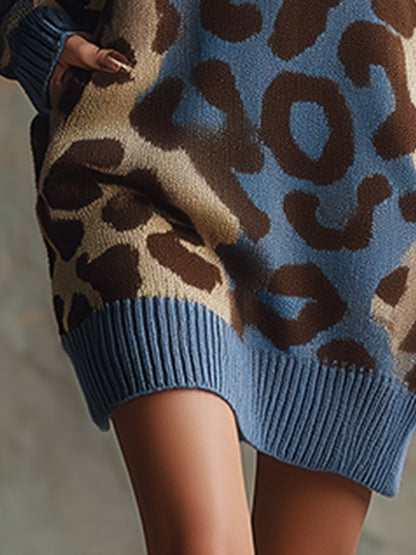 Robe Mini Vintage en Tricot Bleu à Motif Léopard avec Demi-Zip