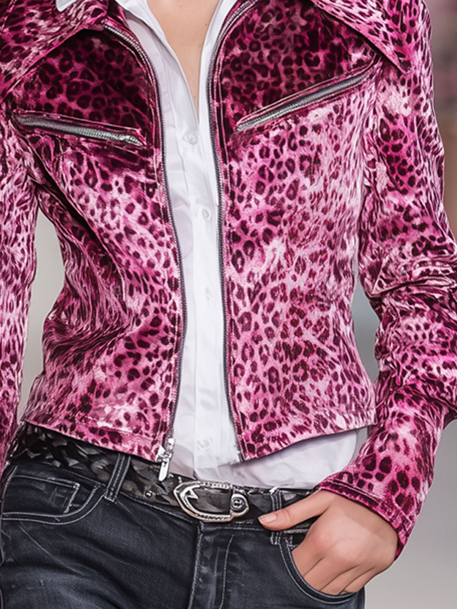 Veste en Velours Léopard avec Poches Zippées et Col Ample