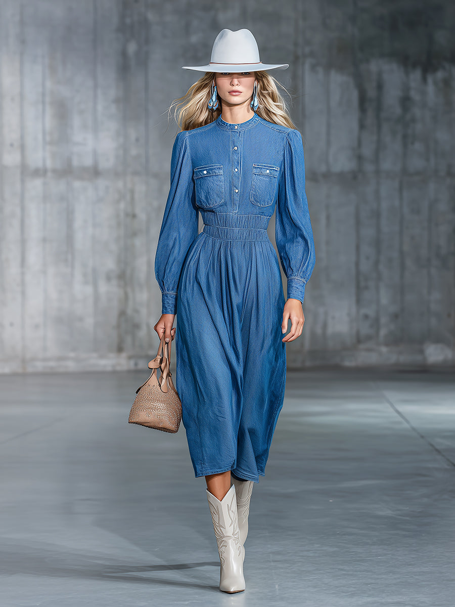 Robe Midi en Denim avec Col Rond Élastique et Manches Amples" could be rewritten as:

"Robe Midi en Denim : Élégance Décontractée avec Col Élastique et Manches Amples