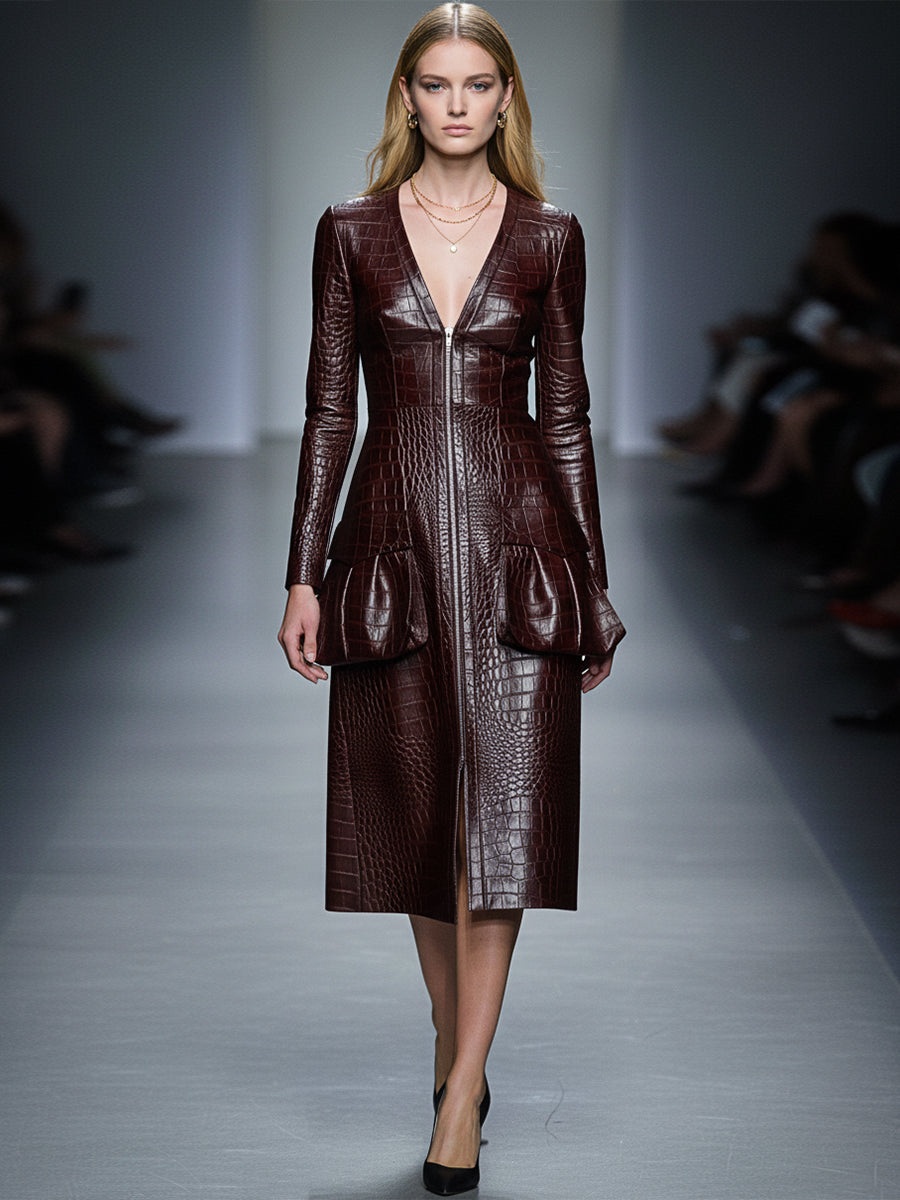 Robe Midi en Cuir PU Croco Rouge Brun avec Décolleté en V et Zip